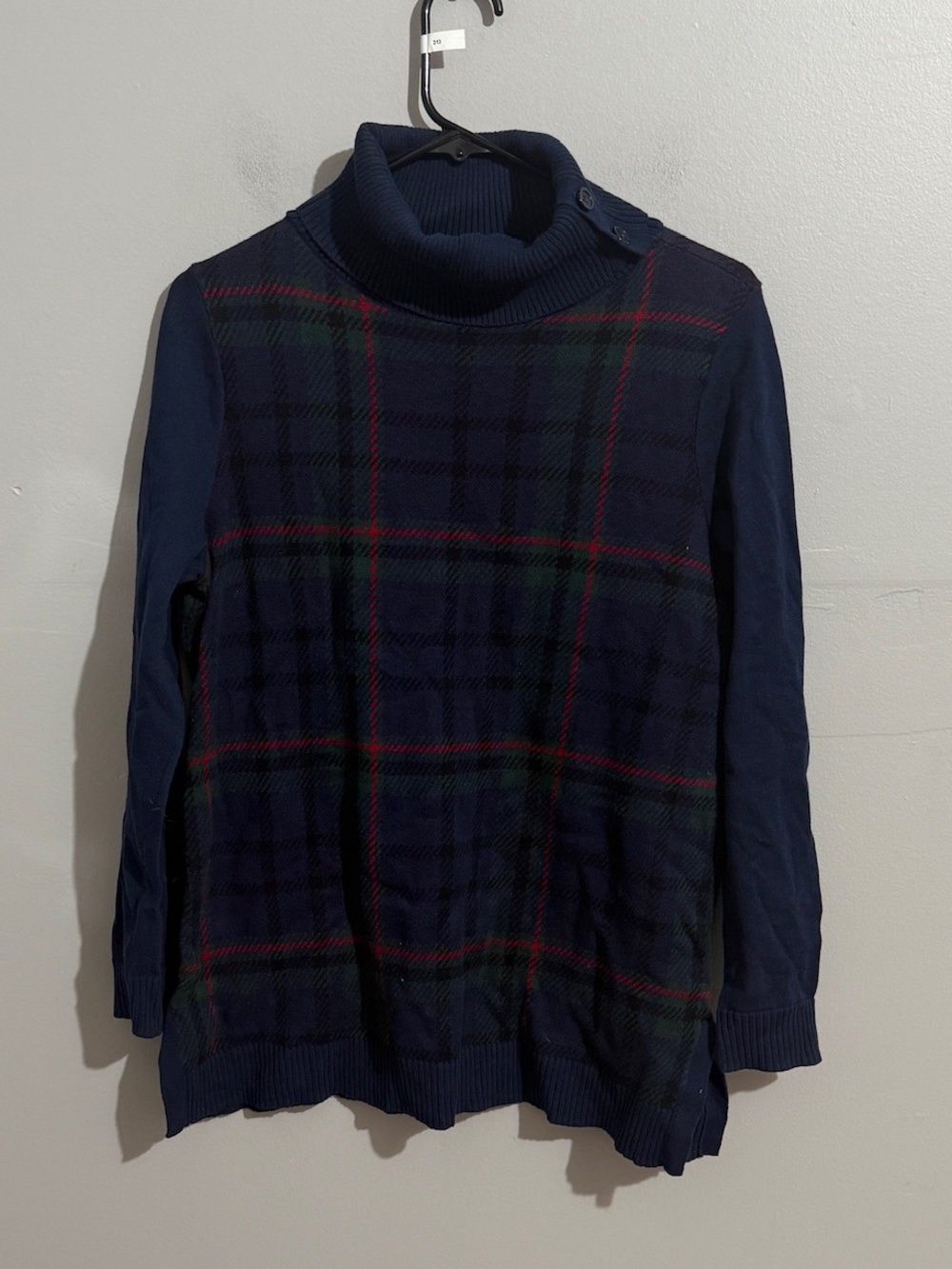 Talbots Sweater Womens MP Navy Tartan Plaid Button Collar Tunic Holiday Academia